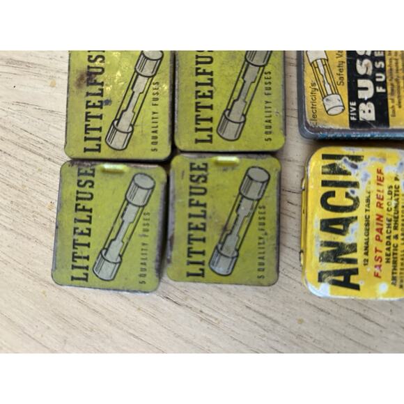 6* VTG Tin Automotive Fuses Boxes Buss Littelfuse Anacin pain “fuses R Inside” - Picture 3 of 7